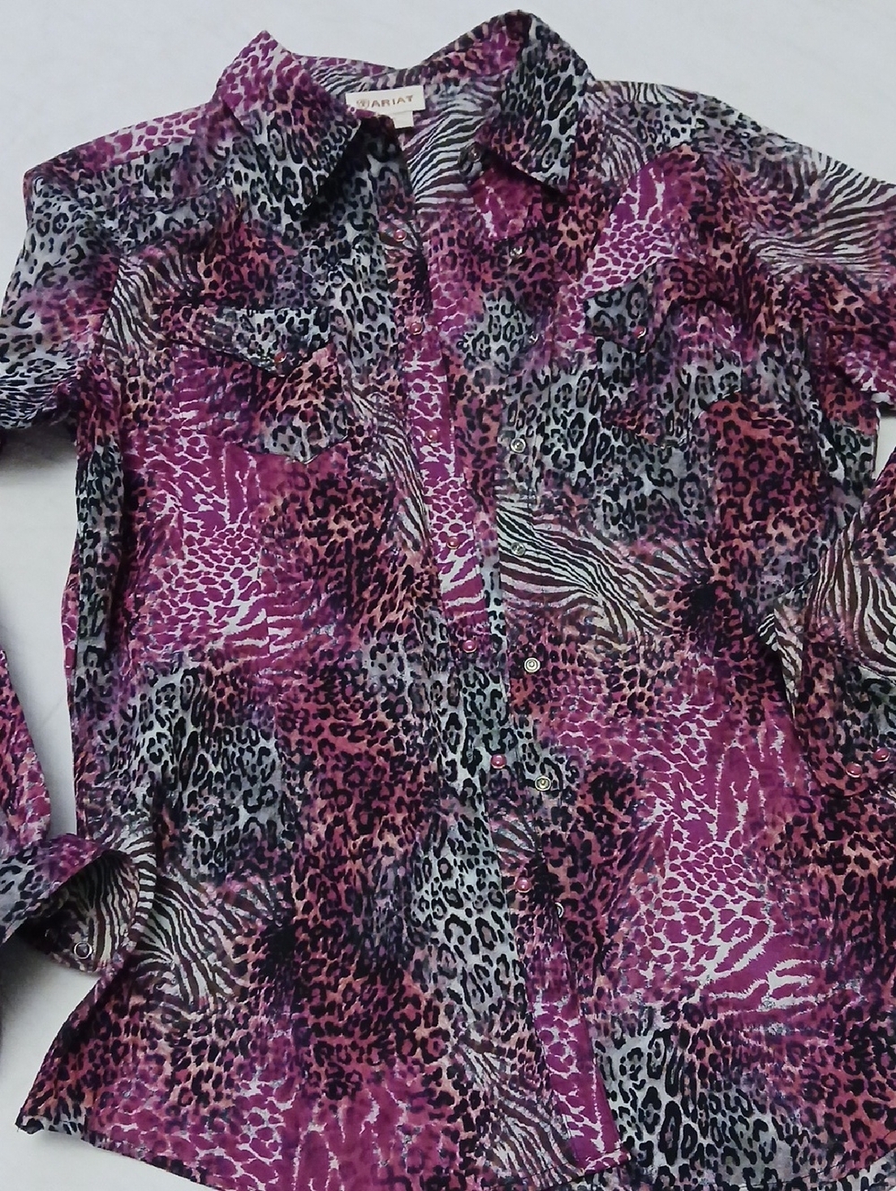 Ariat Purple and Black Animal-Print Button Front Top L Snap Buttons Zebra